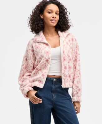 Hippie Rose Juniors' Printed Zip-Up Sherpa Jacket - Macy's | Macy's