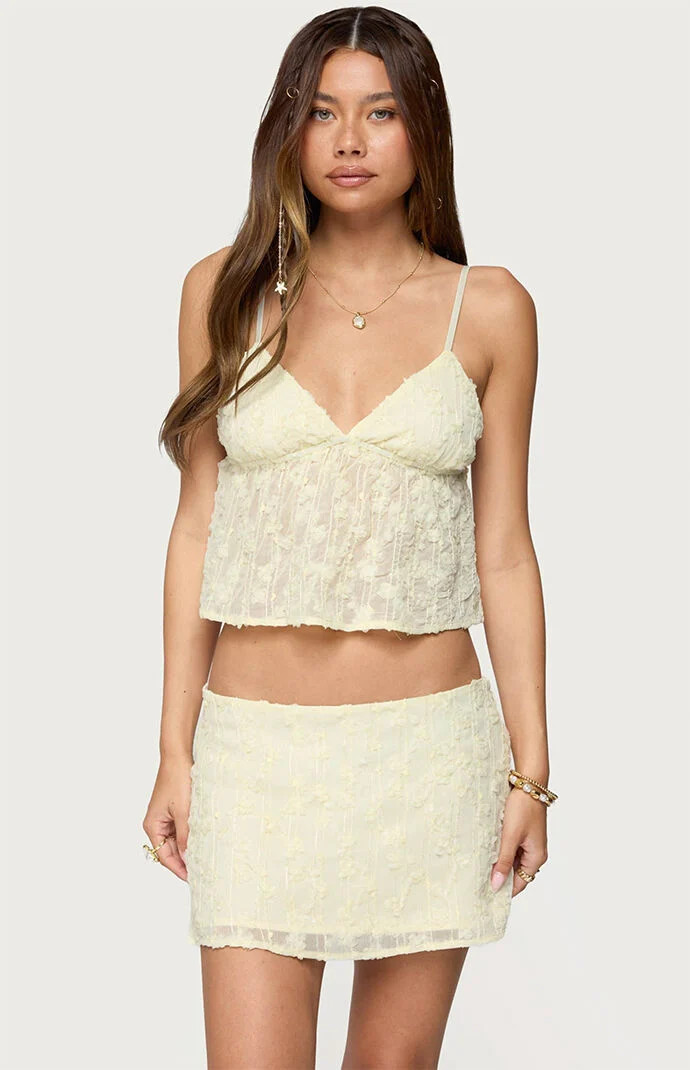 Edikted Women's Leora Textured Floral Babydoll Top in Yellow - Size Medium | PacSun