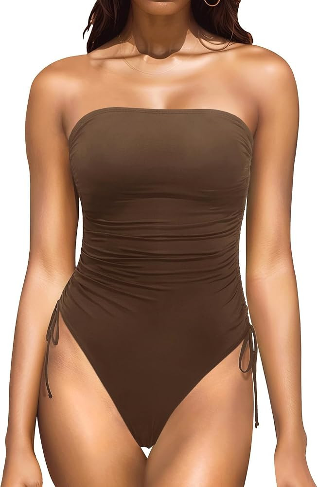 Yonique Women Strapless One Piece Swimsuit Tummy Control Bandeau Bathing Suit Cheeky Swimwear | Amazon (US)