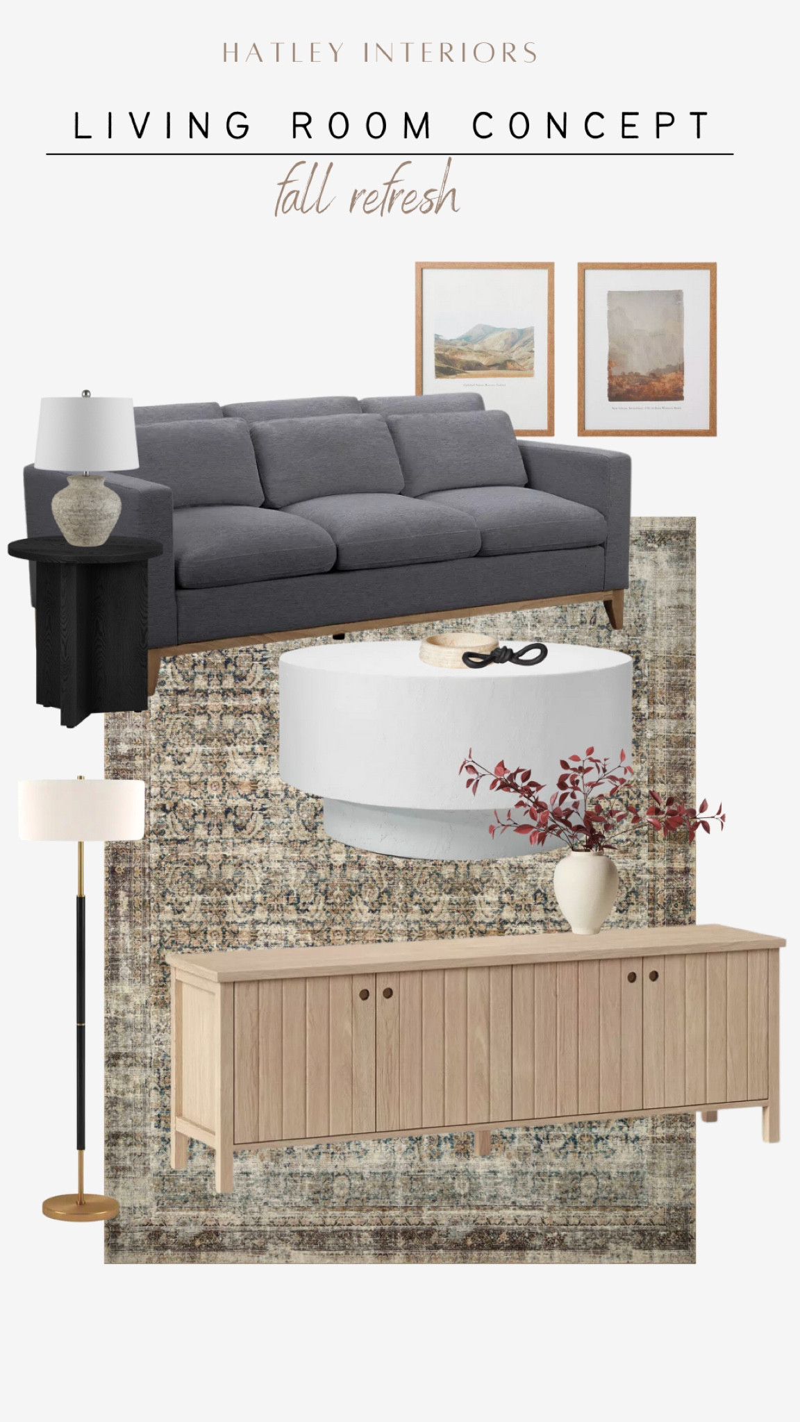 fall refresh living mood board 🍁🍂

loloi rug, wood media console, tv stand, white coffee table, gray sofa, dark blue sofa, dark sofa, accent lighting, wall decor, fall home decor, seasonal decor, living room inspo, living room design, living room decor 

#LTKfindsunder100 #LTKSeasonal #LTKhome