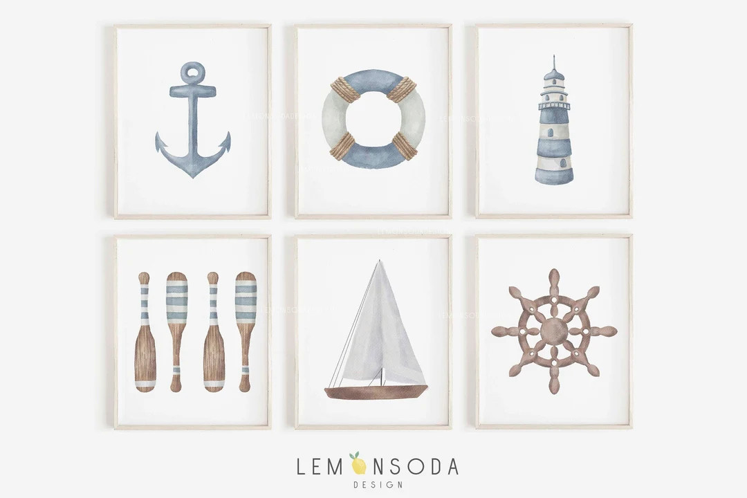 Set of 6 Nautical Nursery Prints, Boys Room Wall Decor, Printable Watercolor Summer Print, Waterc... | Etsy (US)