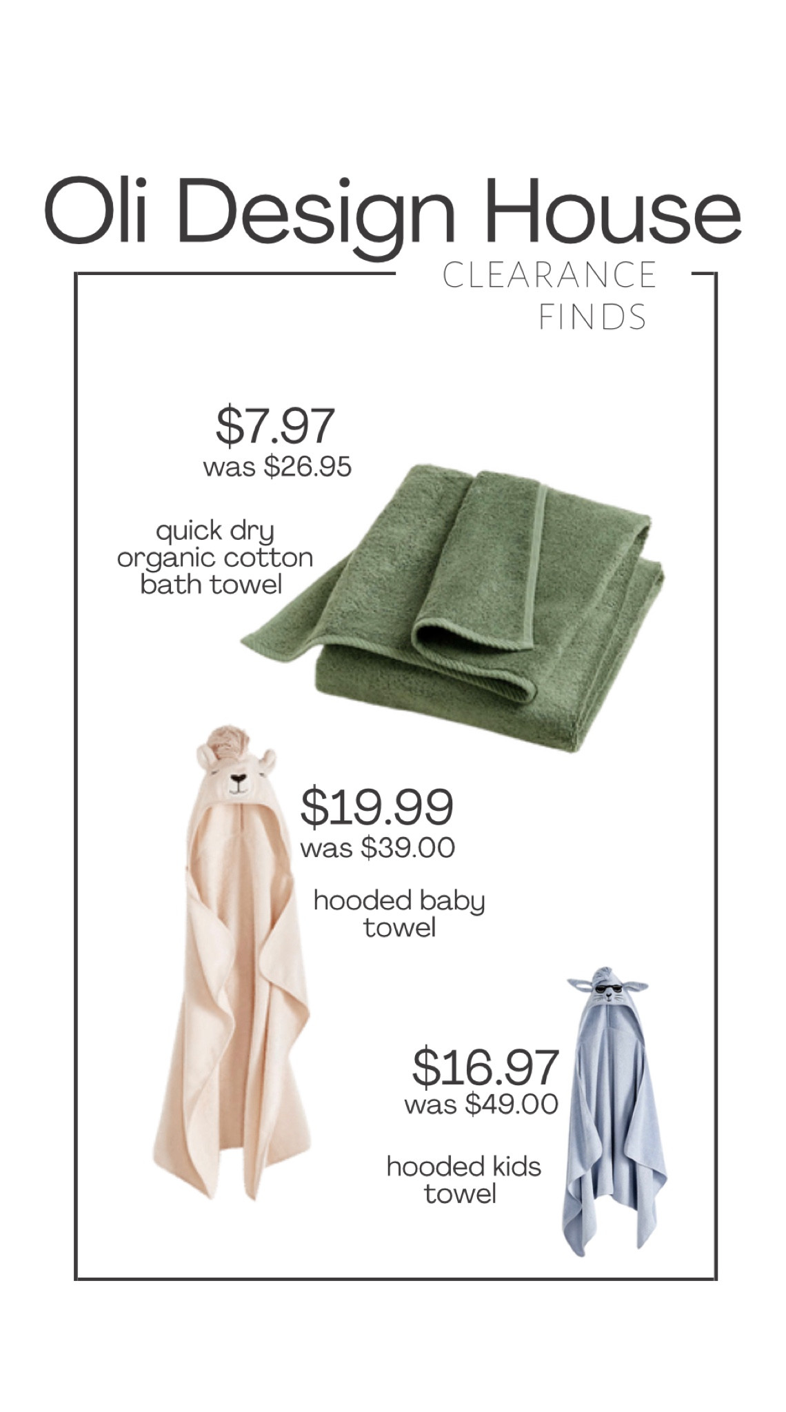 Clearance Finds…bath towels for the whole family!

#organiccotton #organictowel #kidstowel #hoodedtowel #babytowel #babygift

#LTKbump #LTKhome #LTKkids