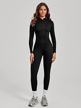 ABOCIW Womens Zipper Long Long Sleeve Workout Jumpsuit Contouring Seams Backless Bodysuit Yoga Ro... | Amazon (US)