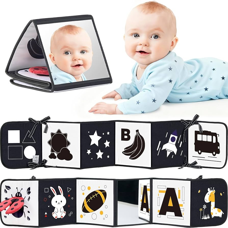 Black and White Baby Books for Newborn - Tummy Time Mirror & Sensory Toys Soft Montessori Toy for... | Amazon (US)