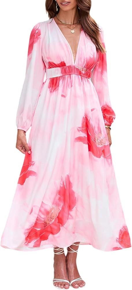 Women's Long Sleeve Boho Maxi Dress Floral Print Long Dress Pink Print | Amazon (US)