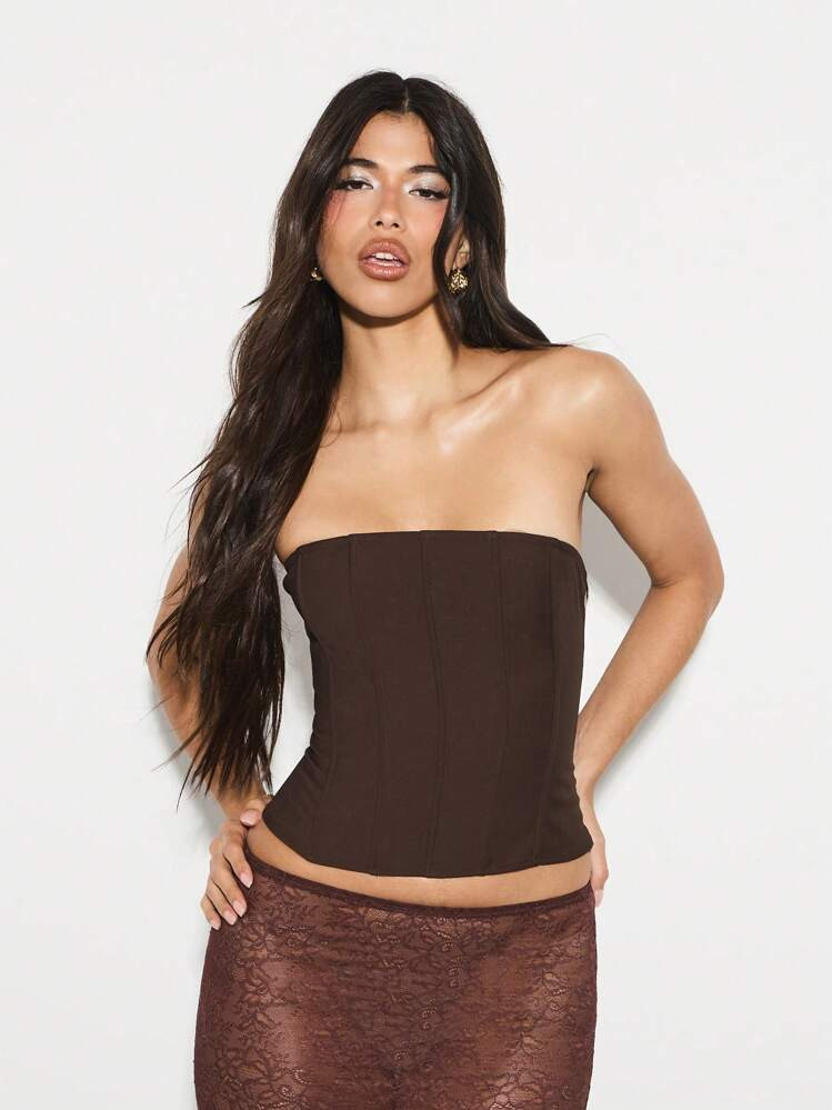KIZN Corset Top Bustier Lace Up Back Strapless Vertical Panel Design Classic Evening Party Club Fall Winter Autumn Spring Fashion | SHEIN