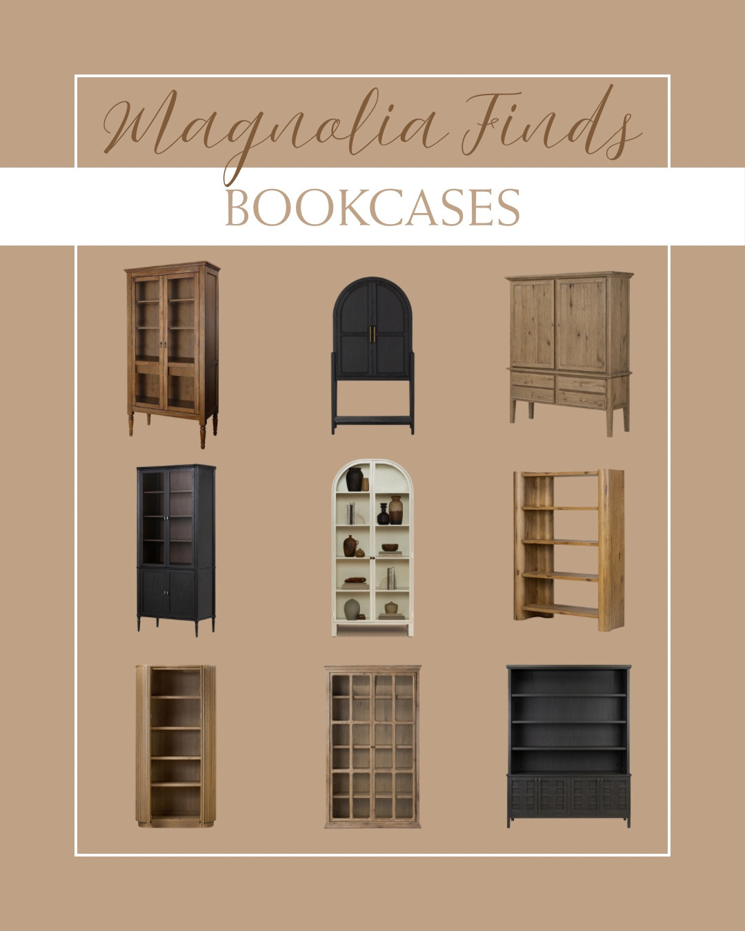 Magnolia bookcase with warm wood tones, classic lines, and timeless styling for a cozy, collected look 📖

#MagnoliaStyle #BookcaseDecor #NeutralHome #LTKhome