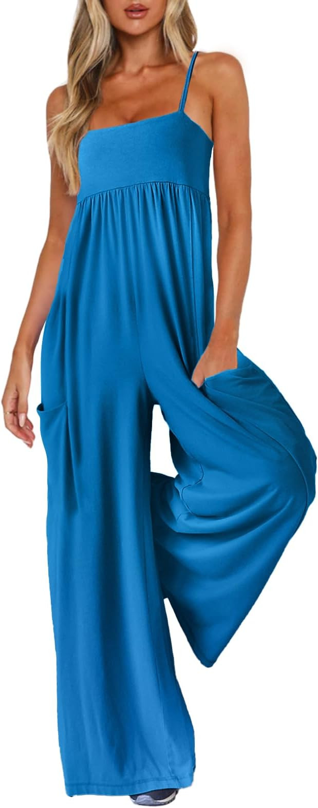 Jumpsuits for Women Spaghetti Strap Wide Leg One Piece Overalls Summer Rompers with Pockets Beach... | Amazon (US)