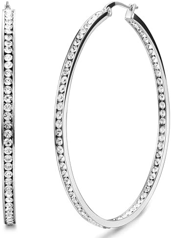ORAZIO Stainless Steel Women Hoop Earrings Cute Huggie Earrings Cubic Zirconia Inlaid 50MM | Amazon (US)