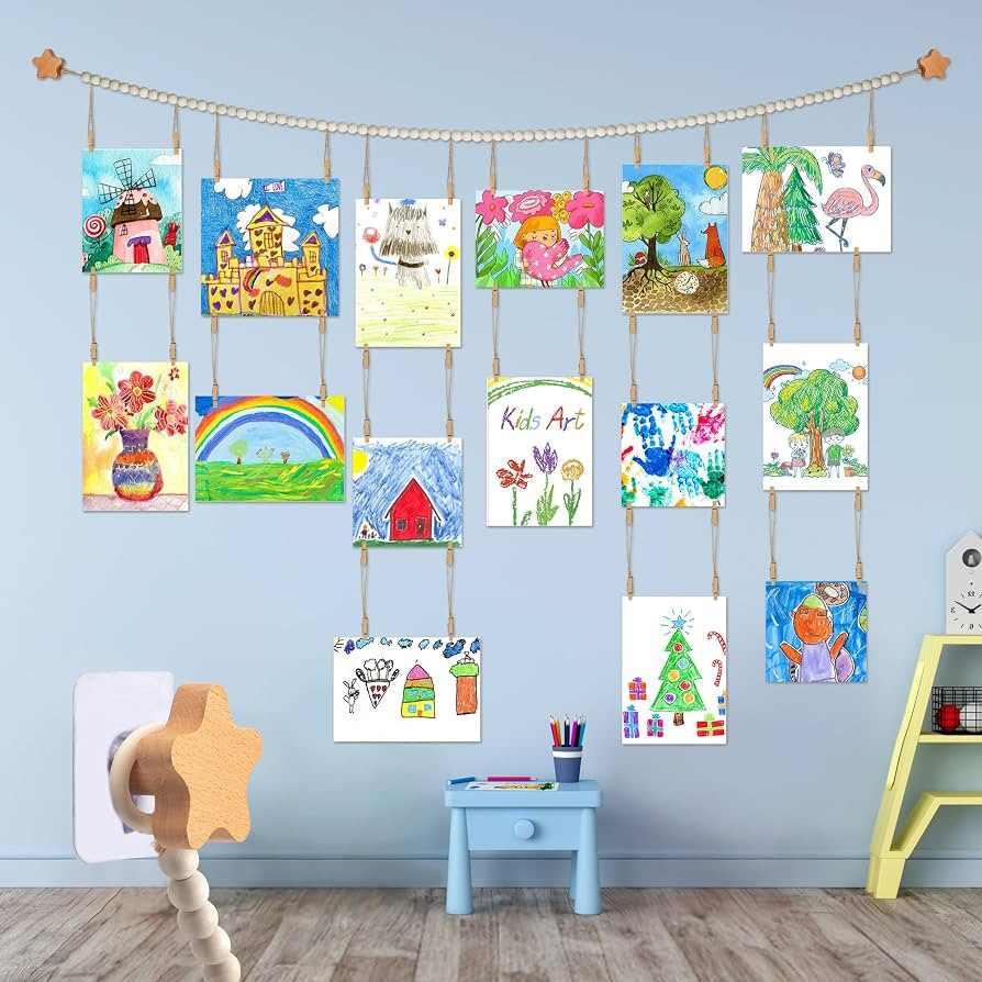 KOLLIEE Kids Artwork Display Art Wall Decor 4.93ft Boho Wooden Beaded Garland Collage Holder with... | Amazon (US)