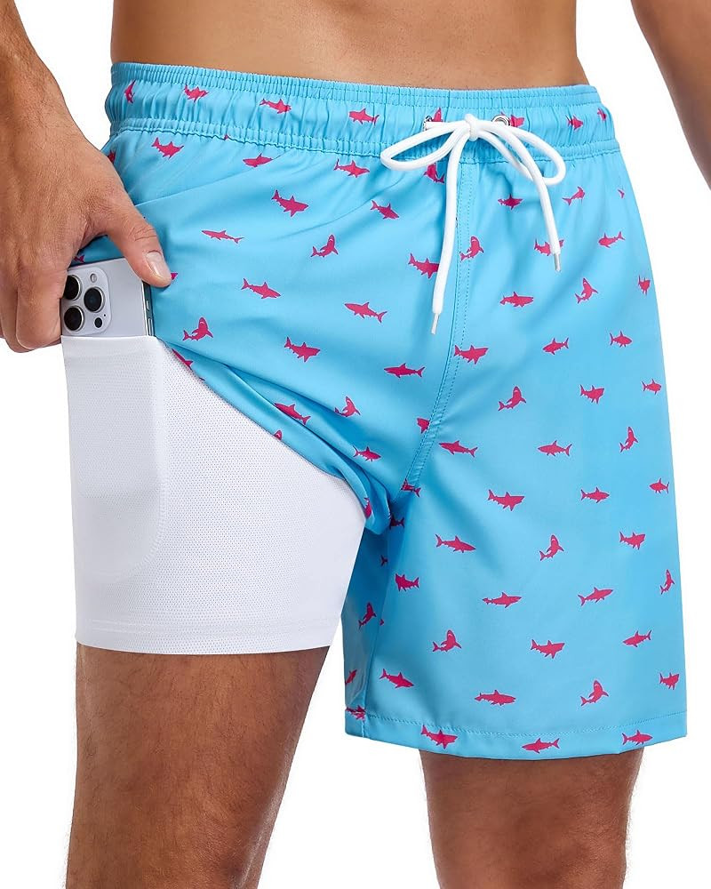 Mens Swim Trunks with Compression Liner, 7 Inch Quick Dry 2 in 1 Swim Shorts with Zipper Pockets ... | Amazon (US)