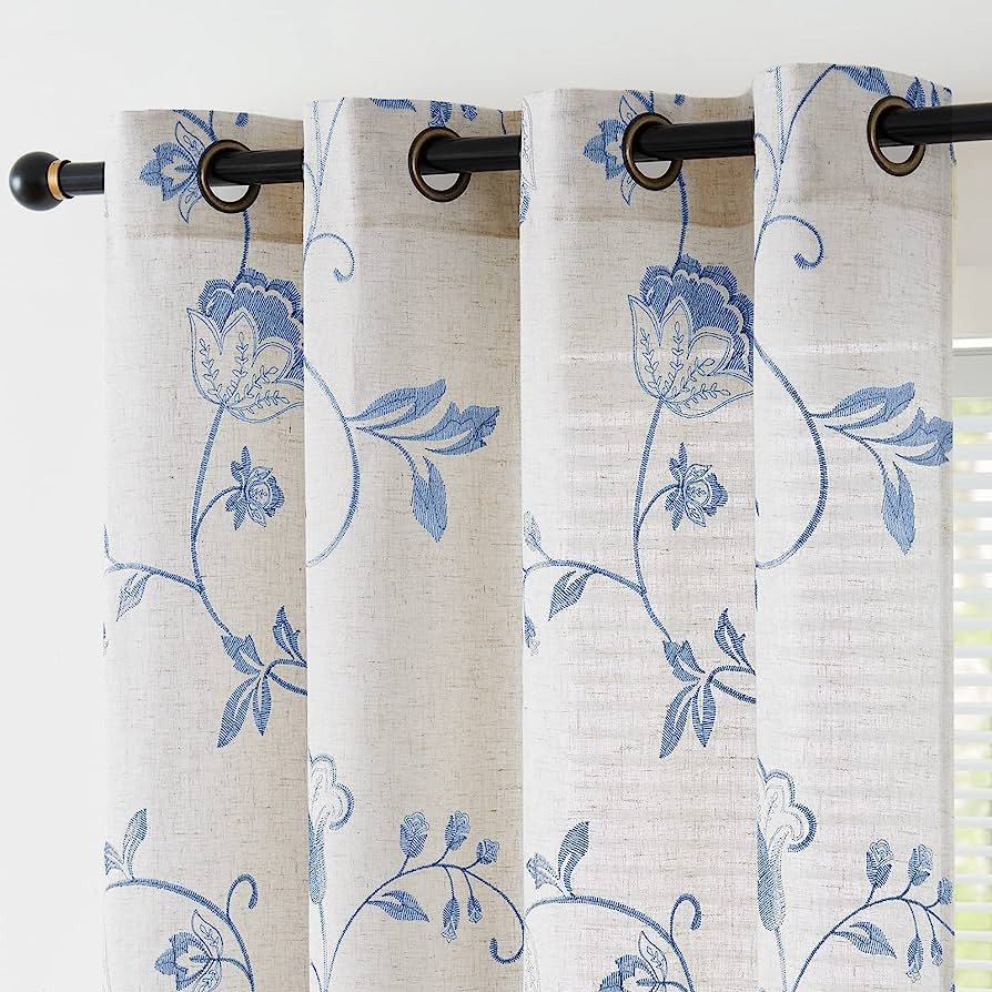 jinchan Linen Curtains for Living Room Light Filtering Floral Embroidered Curtains Flax Look Farm... | Amazon (US)