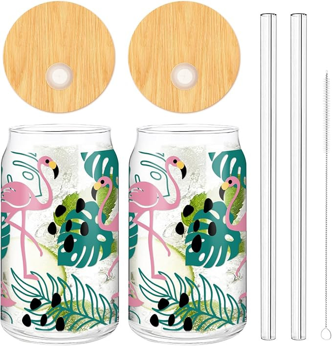 Whaline 2 Pack Summer Drinking Glasses Flamingo Plant Iced Coffee Cups Green Pink Tropical Beer G... | Amazon (US)
