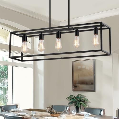 Yusist 5-Light Dining Room Light Fixture,Black Farmhouse Kitchen Island Lighting,Rustic Pendant Light Over Table with Adjustable Rods,Modern Linear Chandeliers for Dining Room Kitchen Island | Amazon (US)
