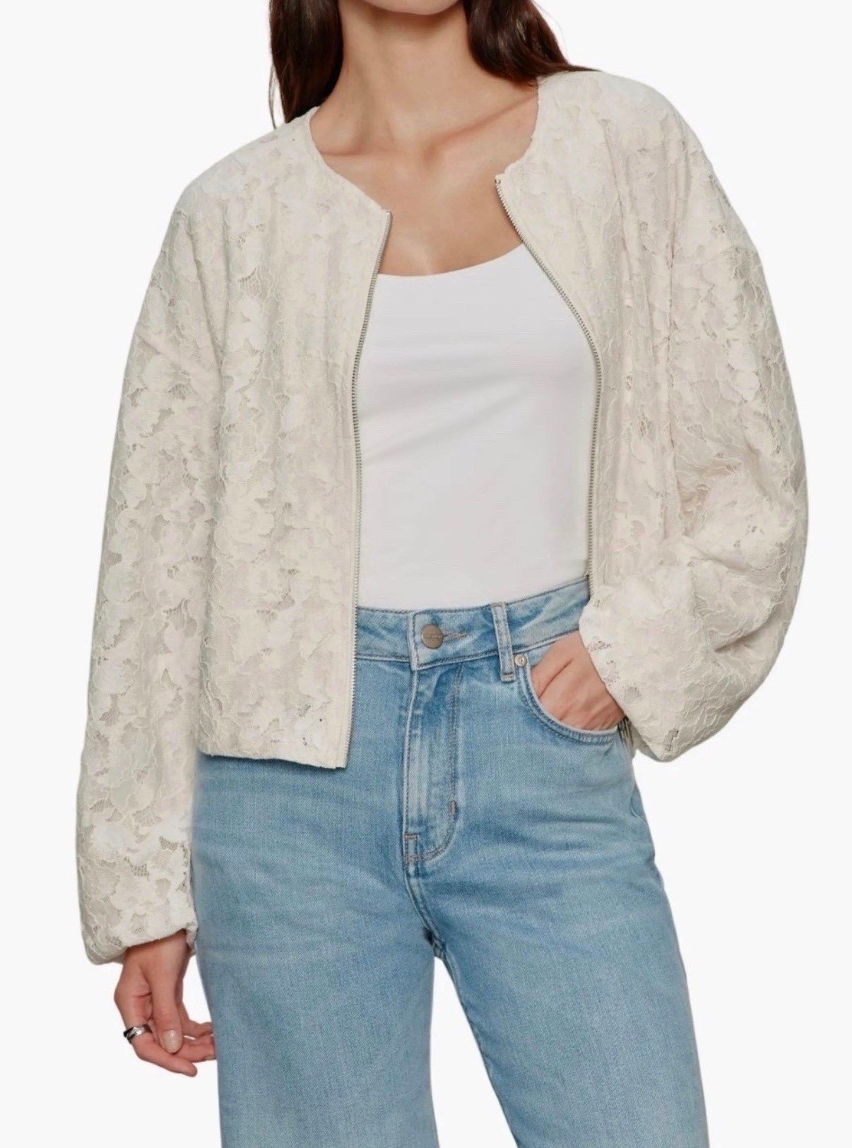 Lace bomber jacket 
Jacket
White jacket 
Jeans 

#LTKSeasonal #LTKdayinmylife