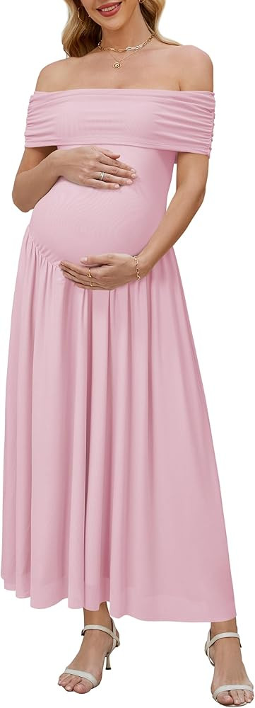 OUGES Women's 2025 Off The Shoulder Mesh Maxi Maternity Dress for Photoshoot Baby Shower Sleevele... | Amazon (US)