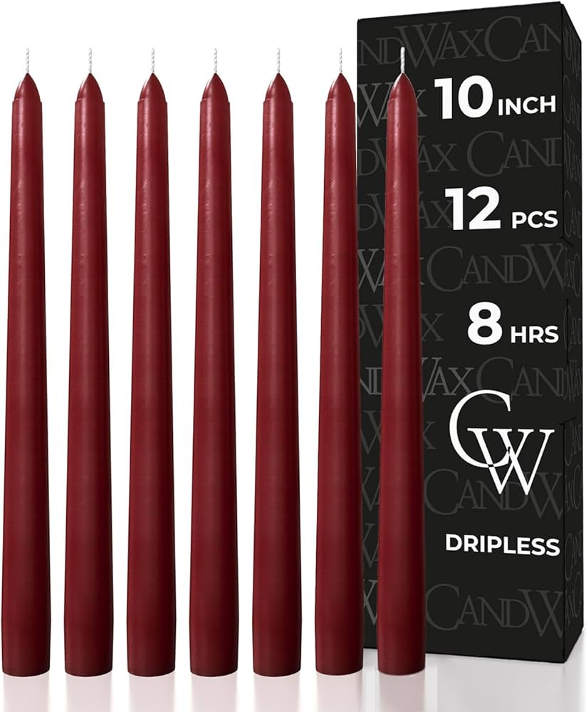 CANDWAX 10 inch Burgundy Taper Candle Set of 12 - Unscented Smokeless Dripless Candlesticks - Can... | Amazon (US)