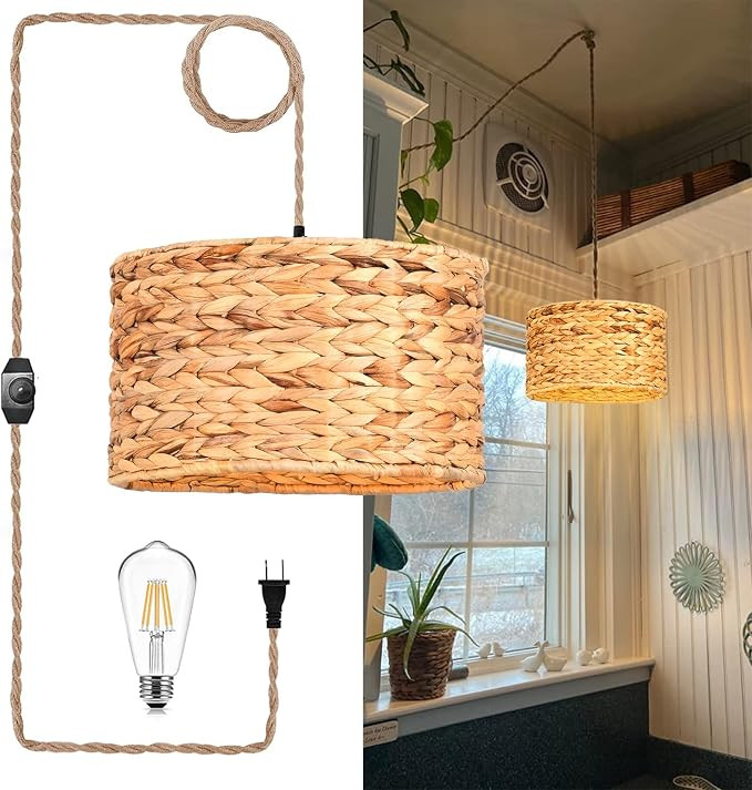 Rattan Plug in Pendant Light Boho Hanging Lights with Plug in Cord & Dimmable Switch,Indoor Hangi... | Amazon (US)