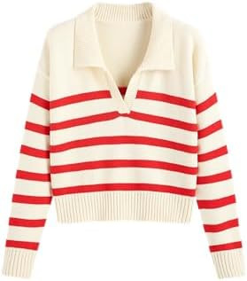 CIDER Women’s Polo Sweater Striped Collared Lightweight Long Sleeve V Neck Pullover Fall Sweate... | Amazon (US)