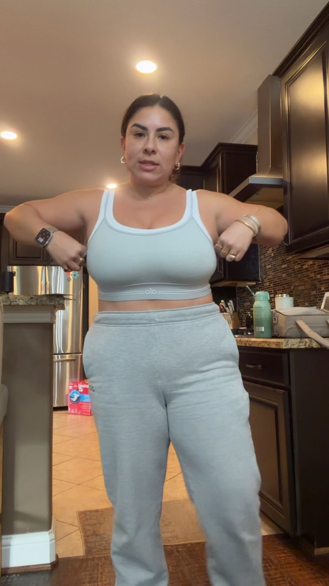 How Alo looks in my 180lbs 5’4” body. Here I’m wearing a L bra and M sweatpants 

#LTKmomlife #LTKHoliday #LTKgrwm