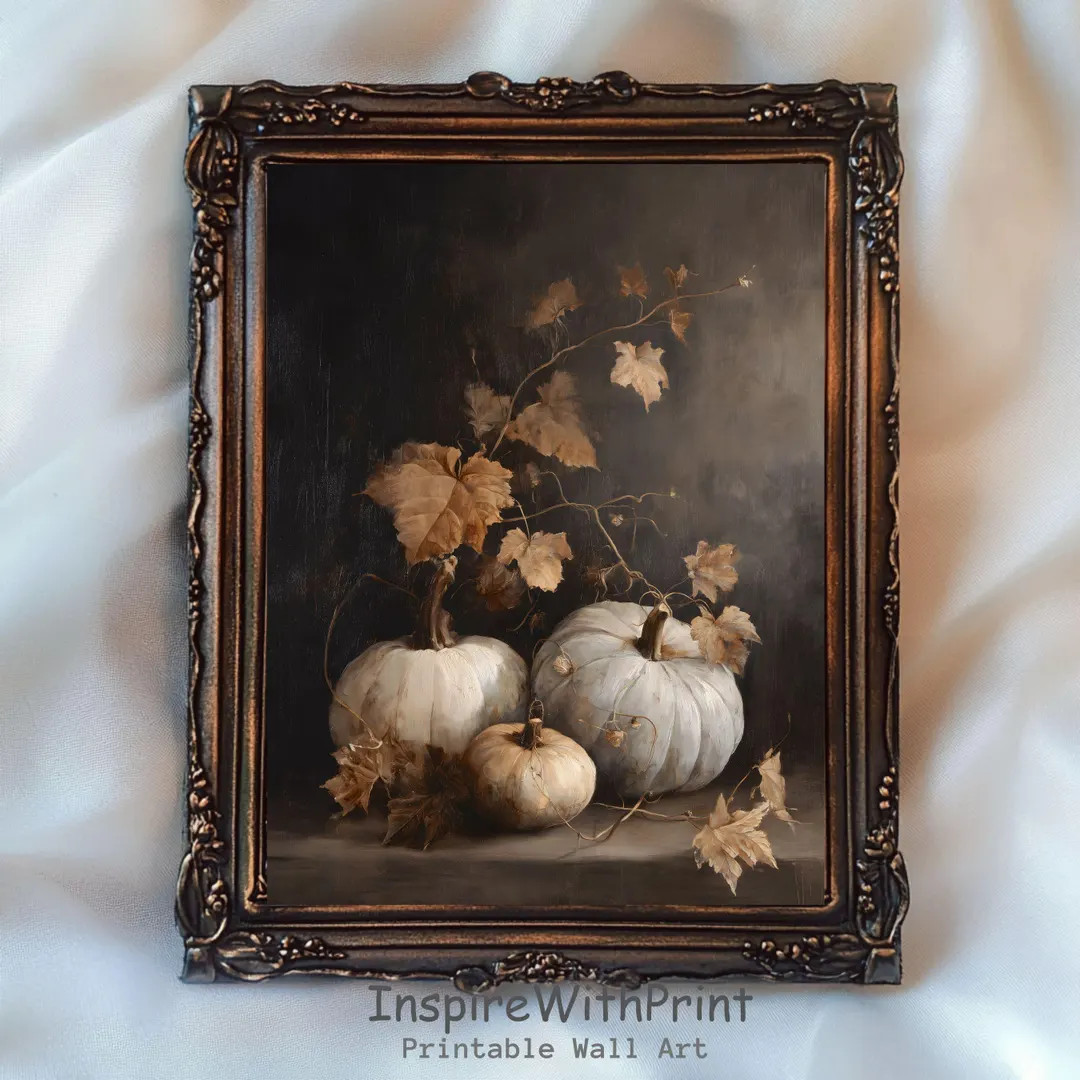 Vintage Pumpkin Painting, Neutral Fall Wall Art, Pumpkin Print, Dark Fall Cottagecore Art, Fall F... | Etsy (US)