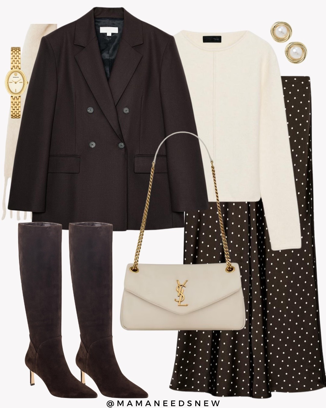 A fall outfit with a blazer, polka dot satin skirt, sweater, shoulder bag, scarf and knee high boots for Thanksgiving 🤎

#LTKStyleTip #LTKHoliday #LTKSaleAlert