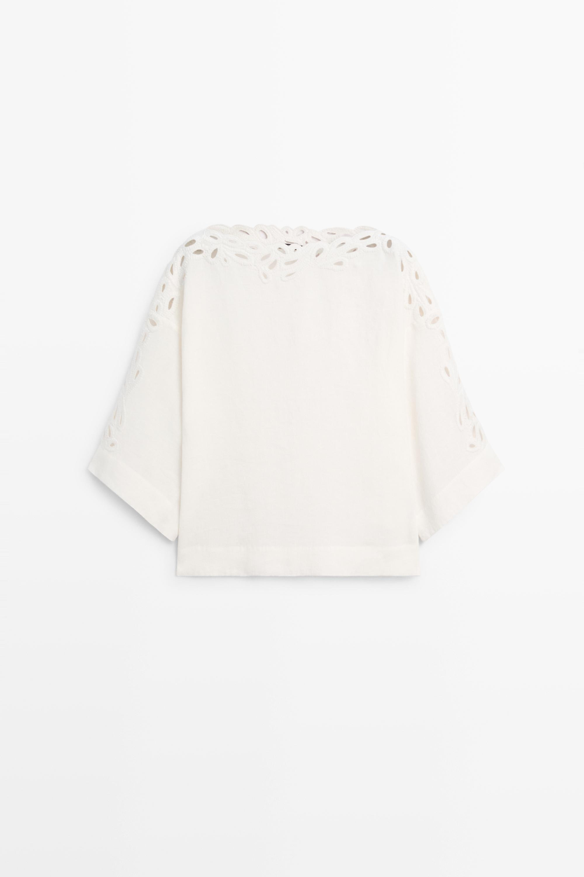 Linen boat neck blouse with embroidery | Massimo Dutti US