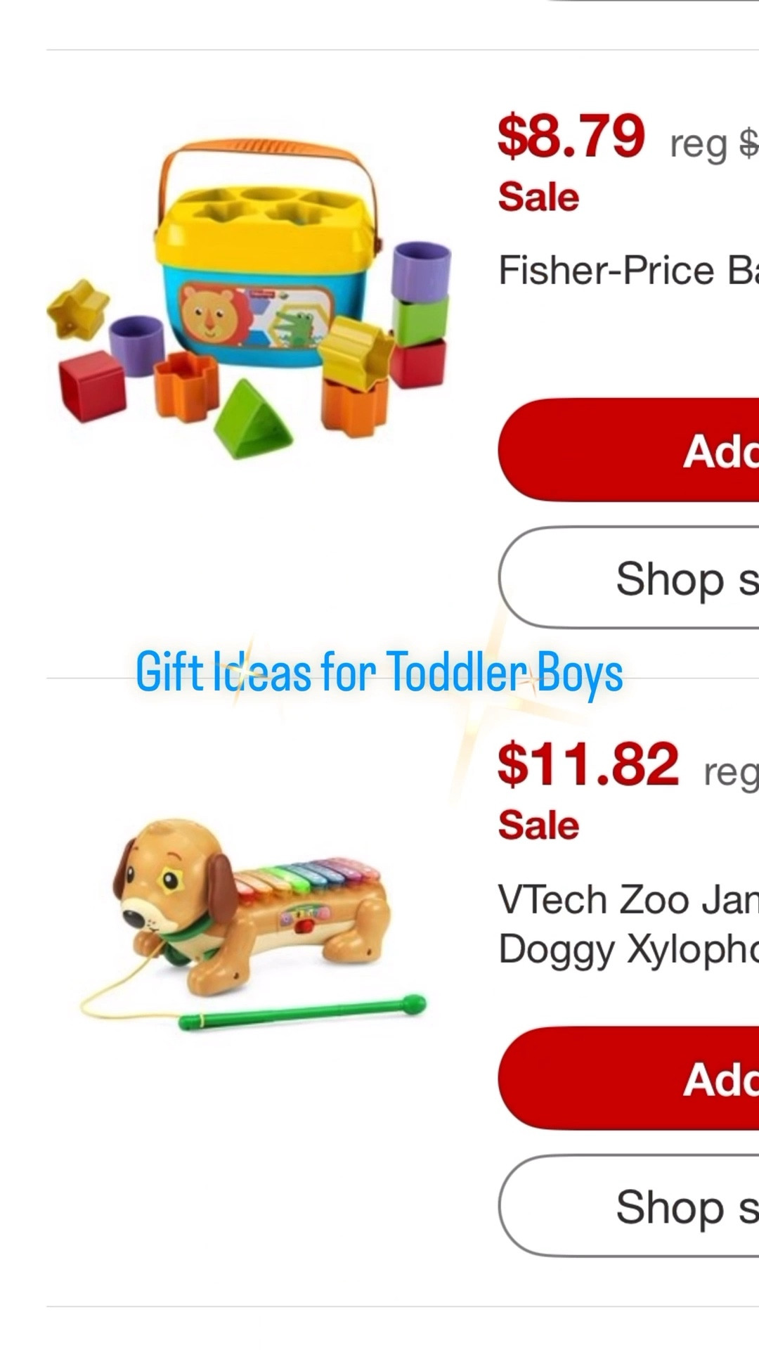 Target has the BEST gift ideas for toddler boys 🎄🧸
Most of these items are things my toddler got for Christmas last year — and he loved every single one.

Cars, building toys, sensory sets, activity toys, ABC learning toys, puzzles, books, character toys + more — all fun, affordable, and perfect for ages 1–4.
So many of these are on sale right now too!

Linked all my favorite Target picks for toddler boys below — tap to shop 🚗✨

#toddlertoys #targettoddlers #kidsgiftideas #holidaygiftsforkids #targetboys #ltkgiftguide #targetfinds #toddlergifts #toysale #ltkholiday

Target toddler gifts, toddler boy gifts, gifts ages 1–4, toddler toys, learning toys, sensory toys, cars toys, building blocks, Target toys, character toys, ABC toys, toddler books, toddler puzzles, affordable toddler gifts, holiday gifts for toddlers, gifts under 25, gifts under 50, boy toys, Target holiday finds, toddler activities, developmental toys, preschool toys, pretend play toys, Target sale finds, toddler stocking stuffers, mom approved gifts, toddler favorites, gift ideas 2025, early learning toys, kids toy deals

#LTKCyberWeek #LTKGiftGuide #LTKHoliday