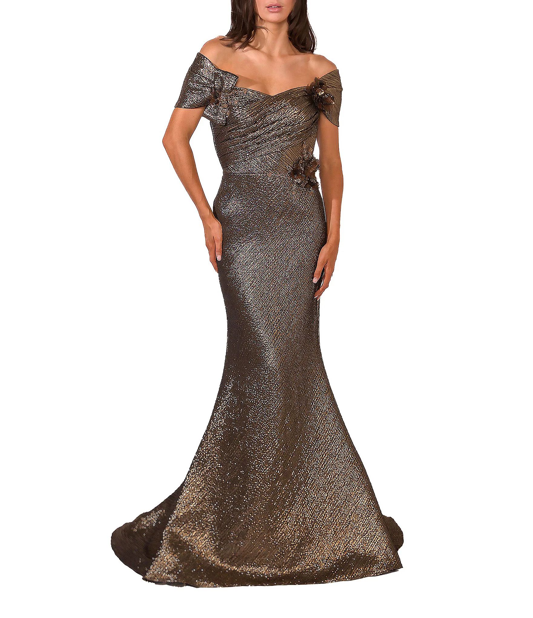 Metallic Off-the-Shoulder Cap Sleeve Mermaid Gown | Dillard's