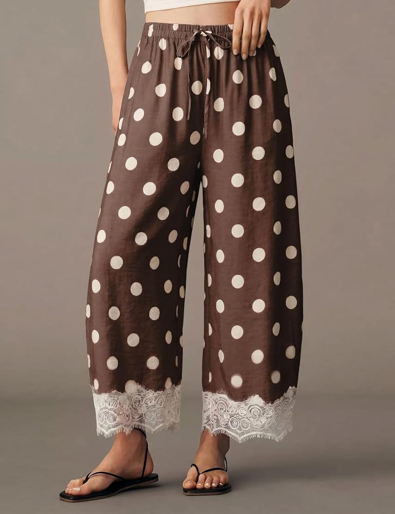 Athlisan Womens Polka Dot Wide Leg Palazzo Pants High Waisted Summer Lace Trim Cropped Baggy Trou... | Amazon (US)
