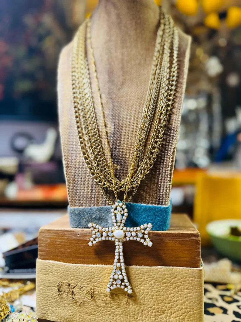 Golden Benediction Necklace | 1970s Vintage Cross Pendant Paired with 1970s Long Multi-Chain Gold... | Etsy (US)