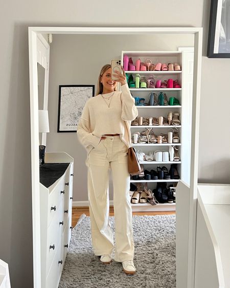 Winter outfit ideas / winter to spring transition outfit idea featuring new American eagle arrivals. 

Love this 100% cotton sweater (wearing size small) with these straight leg pants (wearing size 000 regular and am 24” waist and 5’2”) 