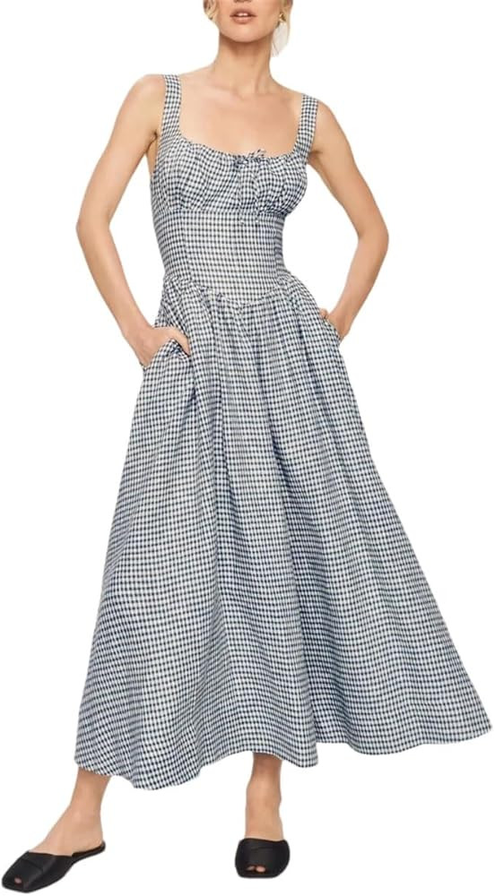 Women's Sexy Backless Platycodon Waist Slimming Suspender Long Plaid Dresses | Amazon (US)
