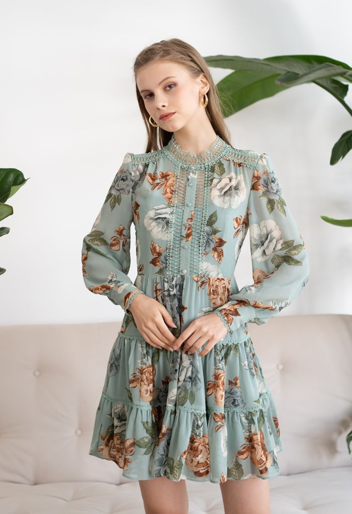 Floral Print Crochet Trim Frilling Chiffon Dress in Green | Chicwish