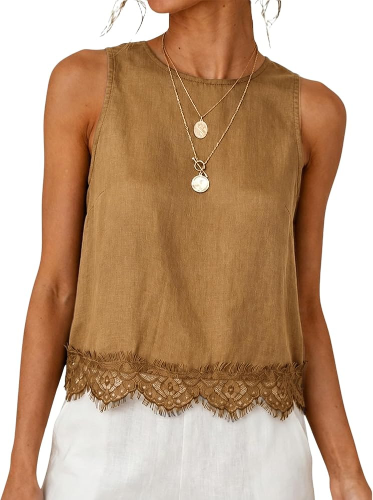 Womens Lace Hem Linen Tank Top Round Neck Sleeveless Solid Color Relaxed Fit Blouses Summer Casua... | Amazon (US)