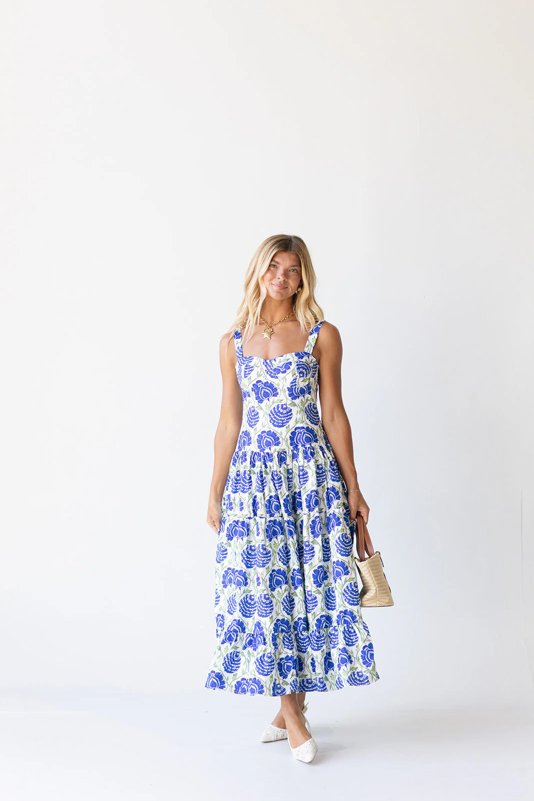 Emme Midi Dress - White/Blue Medium | Fancyd Boutiqe