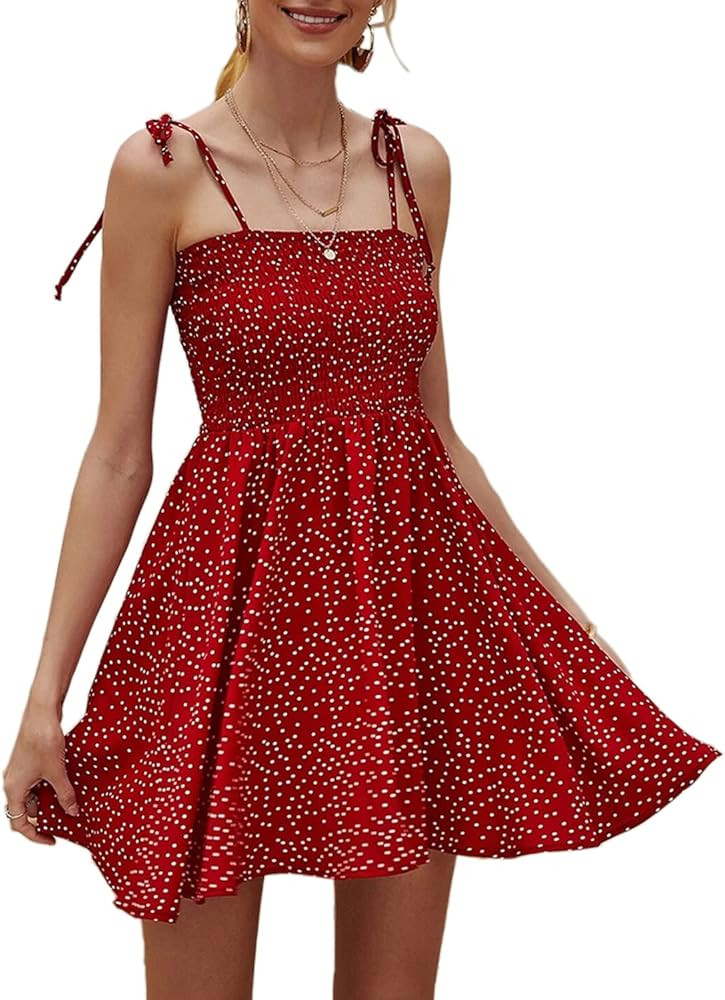 Women Spaghetti Strap Polka Dot Flowy Mini Summer Boho Dress Tie Shoulder Short Swing Aline Sundr... | Amazon (US)