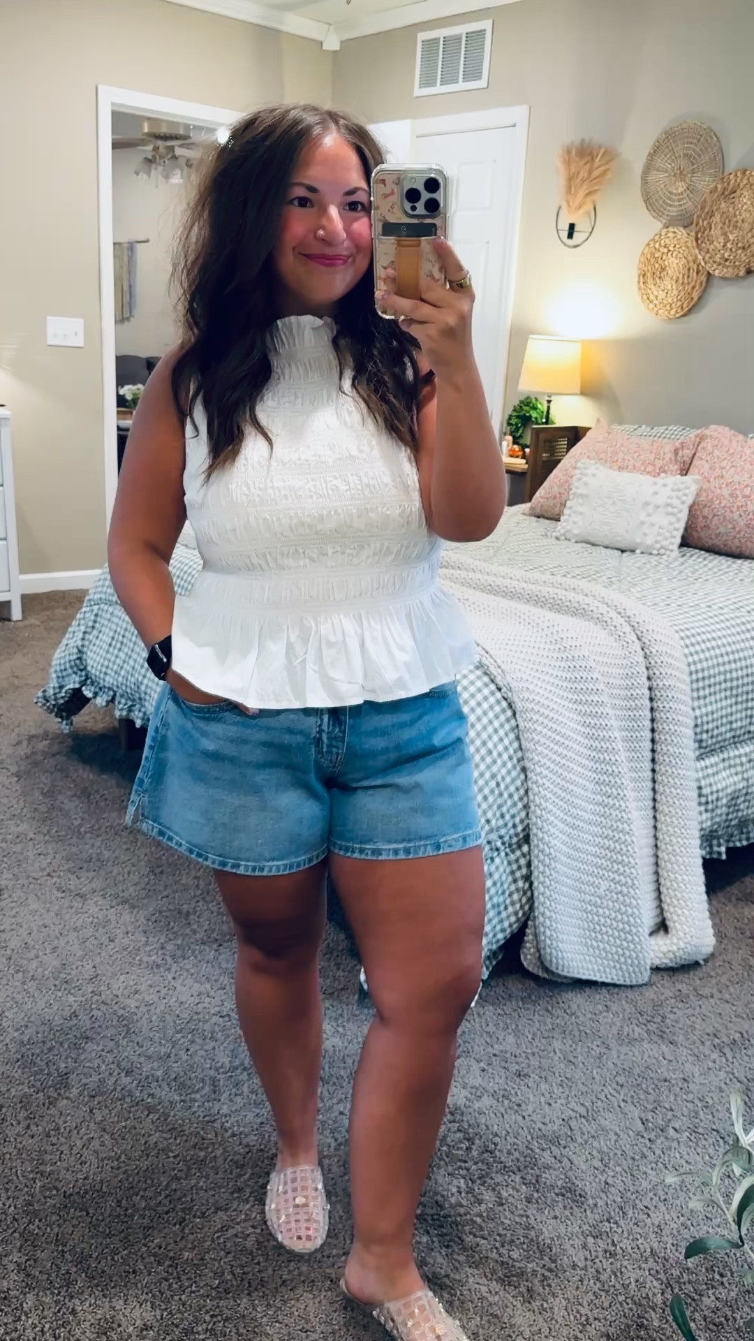 This Walmart top is giving easy + elevated and I’m obsessed 🤍✨

jelly flats: fit true to size // wearing a 5
shorts: fit true to size // wearing a 14
peplum tank: fits true to size // wearing a large 

 #LTKootd #LTKMidsize
