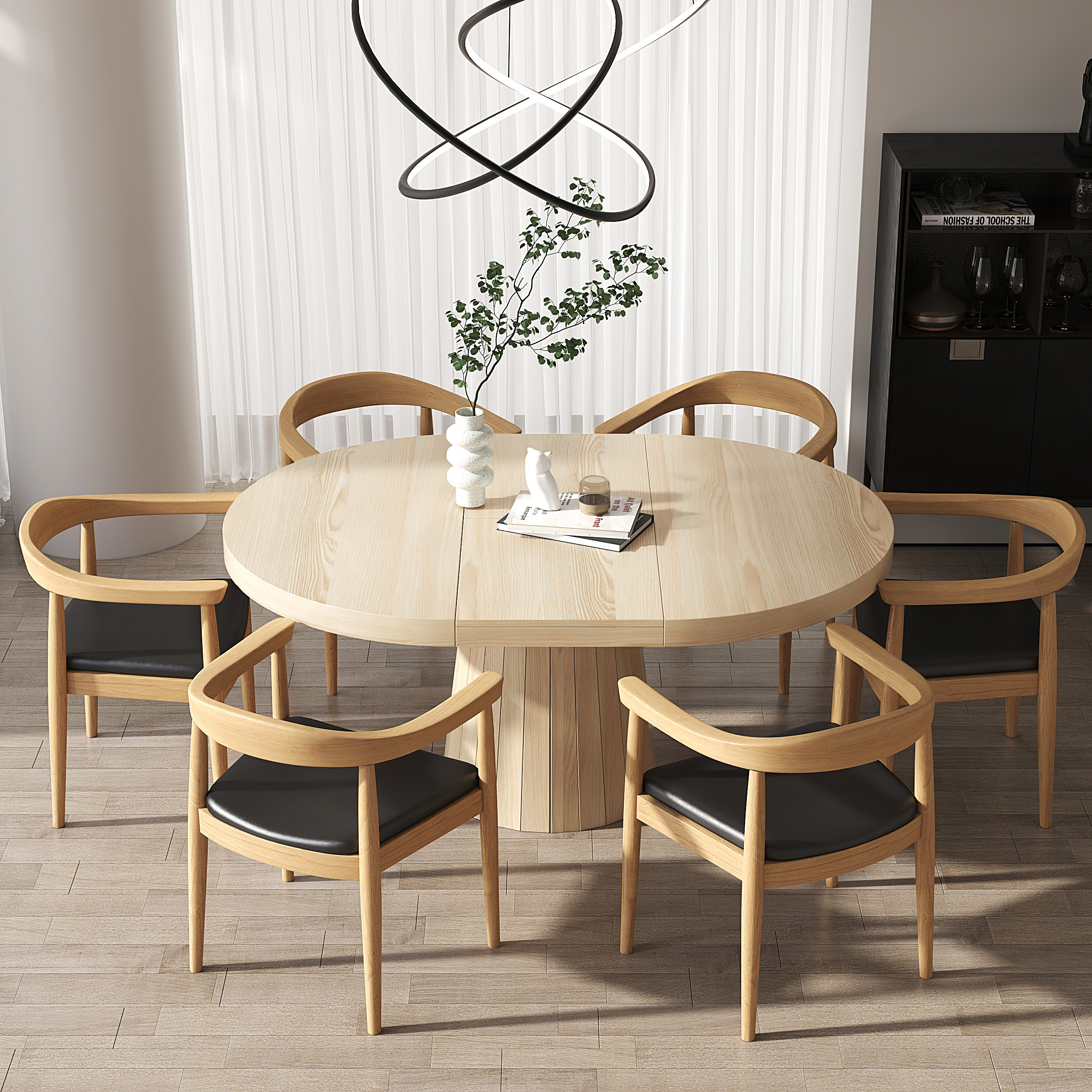 Extendable Dining Table Set 39""-55"" Japandi Dining Table & 6 Wood Dining Chairs | Homary