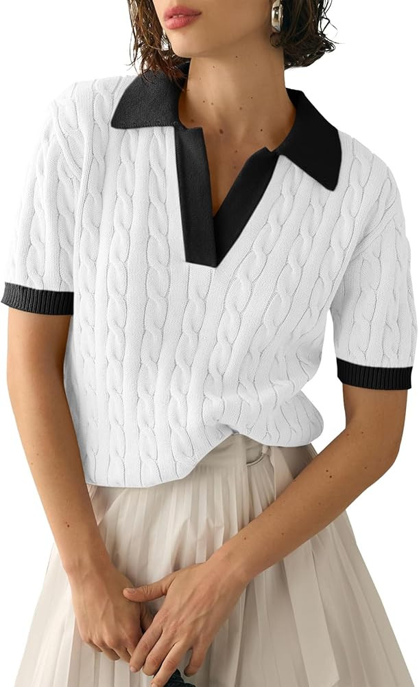 Imily Bela Women's Cable Short Sleeve Sweaters Tops Solid Lapel V Neck Knit Casual Soft Pullover ... | Amazon (US)