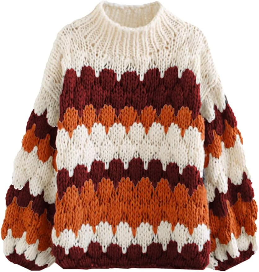 ZAFUL Womens Cute Sweaters Trendy 2025 Color Block Pullover Sweater Cable Knit Jumper Tops | Amazon (US)