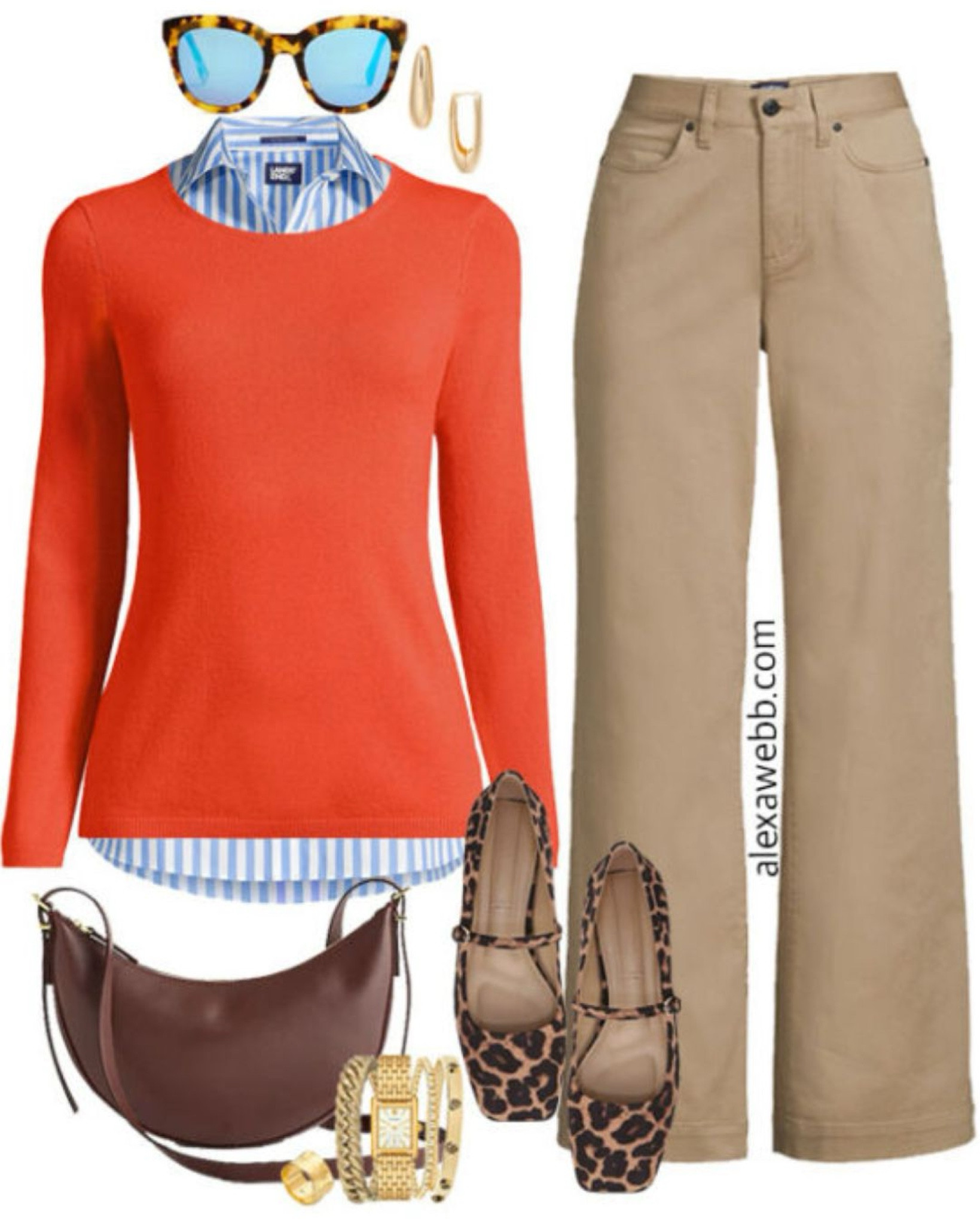 Plus Size Fall Preppy Outfits - A plus size casual outfit idea with wide leg chinos, an orange sweater, leopard flats, and crescent crossbody bag. Alexa Webb

#LTKPlusSize #LTKStyleTip #LTKShoeCrush