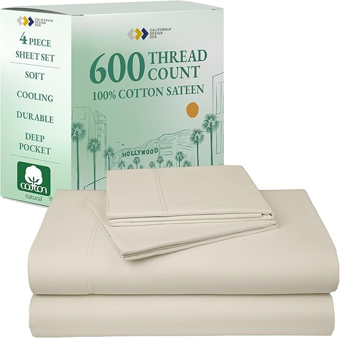 California Design Den Queen Size Sheet Set - Luxury 600 Thread Count Sateen, 100% Cotton Sheets, ... | Amazon (US)