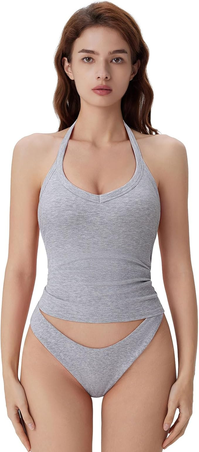 SUUKSESS Halter Tank Top for Women with Built in Bra Cotton Ribbed V Neck Cami | Amazon (US)