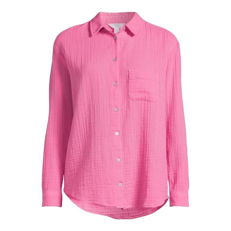 Time and Tru Women’s Double Cloth Shirt with Long Sleeves, Sizes XS-XXXL - Walmart.com | Walmart (US)