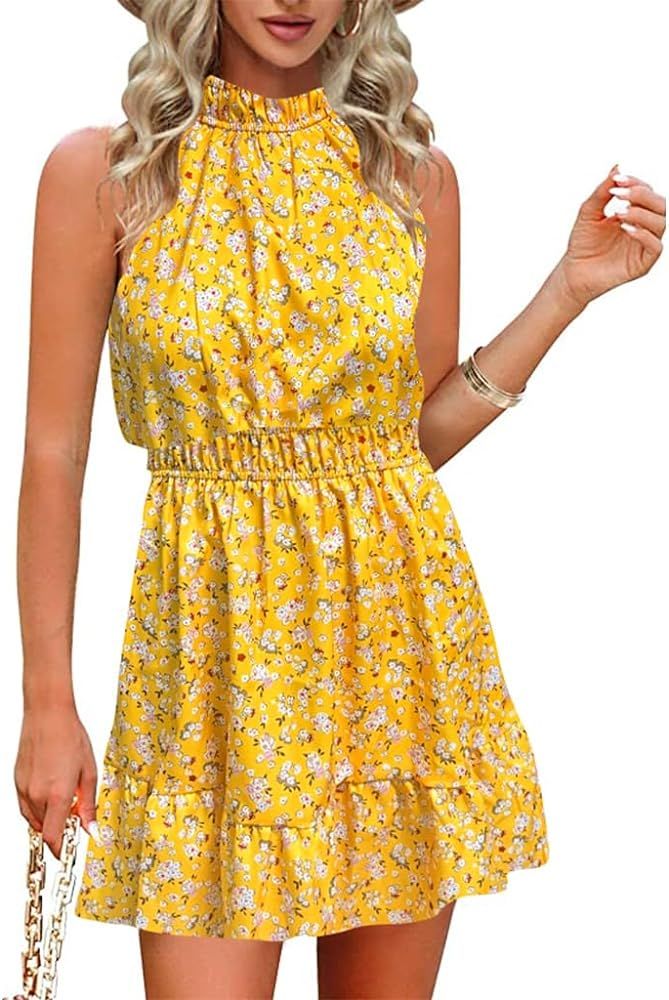 Locryz Summer Dress for Women Casual Floral Sun Dress Sleeveless Halter Neck Dress Swing Pleated ... | Amazon (US)