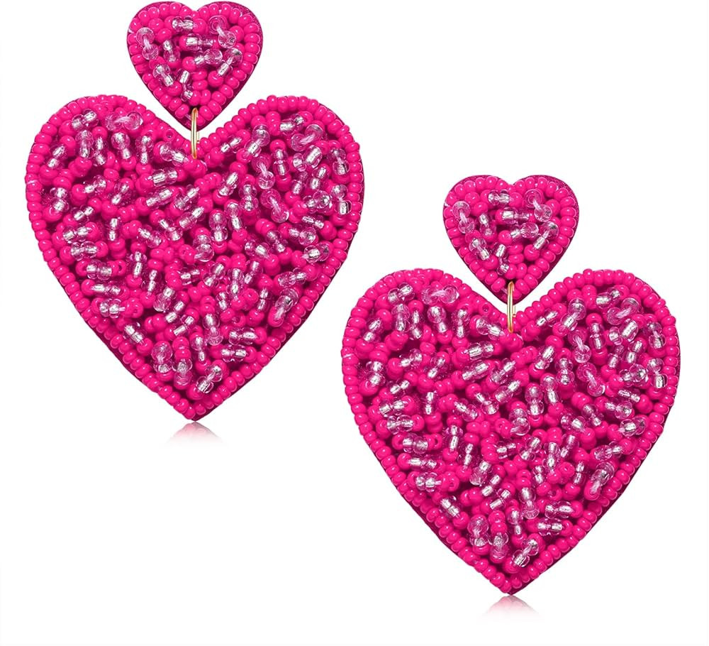 Valentine’s Day Earrings Beaded Heart Earrings for Women Boho Handmade Red Love Heart Bead Drop... | Amazon (US)