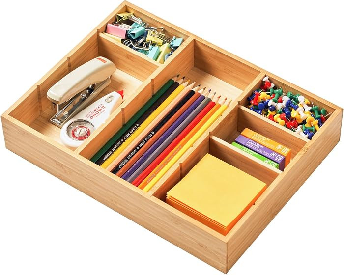 Umilife Desk Drawer Organizer, Bamboo Wood Organizer Tray with Adjustable Compartments, Office De... | Amazon (US)