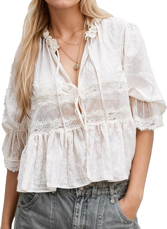 Women Tie Front Ruffle Boho Tops Lace Sheer Flowy Peasant Blouses Y2k Short Sleeve Lace Crop Shir... | Amazon (US)