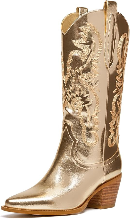 Mid Calf Metallic Cowboy Boots For Women Glitter Western Embroidered Cowgirl Boots Wide Calf Chun... | Amazon (US)